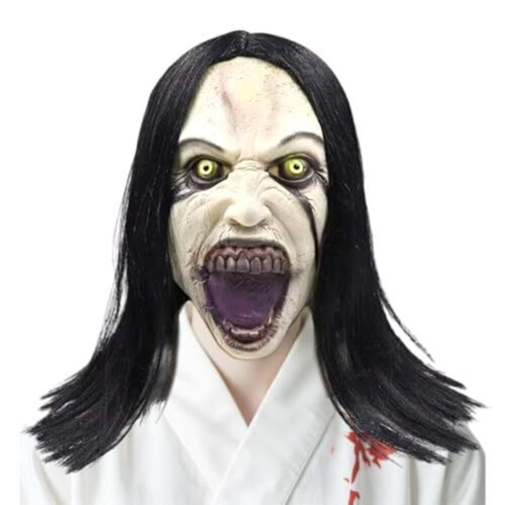 2466 Horror Crying Mask with Wigs, Latex Creepy Scary Evil Ghost Devil Full